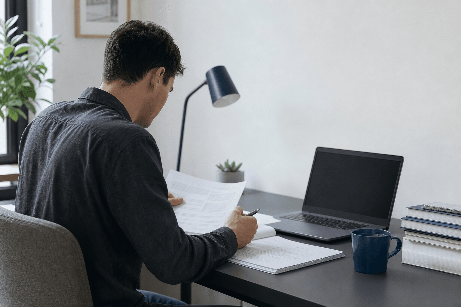 Learner preparing for a professional certification exam at a desk